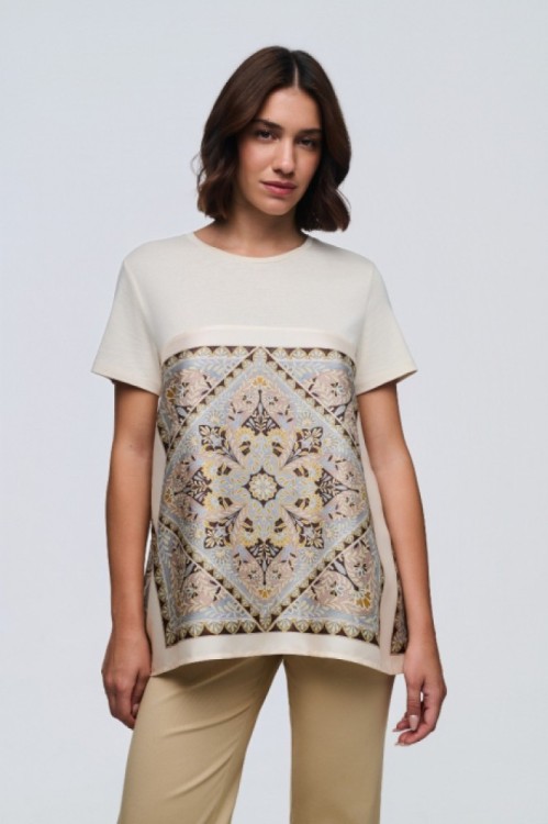 Μπλούζα βαμβακερή κομποζέ με σατέν τύπωμα