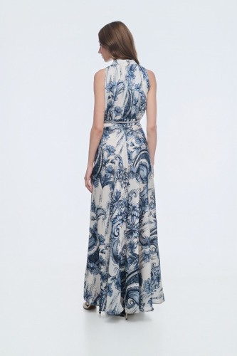 Φόρεμα αμάνικο εμπριμέ με ζώνη στρας 