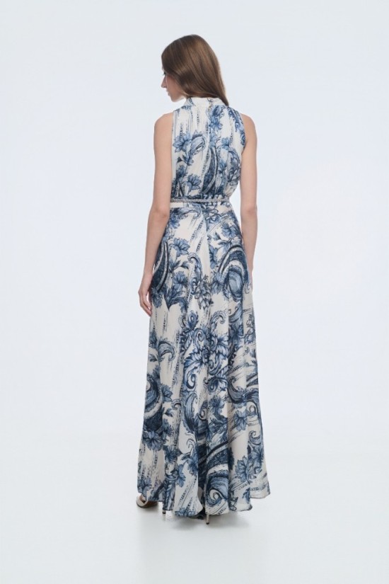 Φόρεμα αμάνικο εμπριμέ με ζώνη στρας 