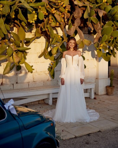 Chiffon A-Line with Notch Neckline and Ruched Corset Bodice