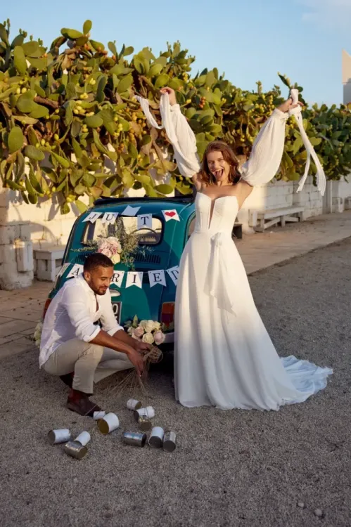 Chiffon A-Line with Notch Neckline and Ruched Corset Bodice