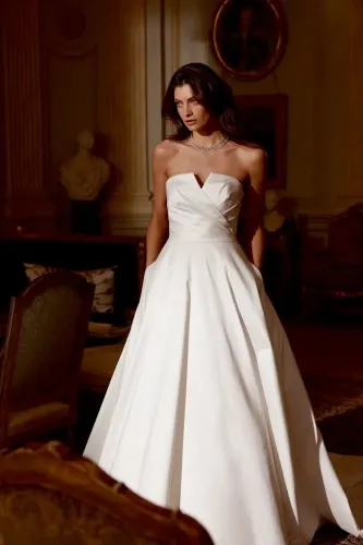 Modern Mikado A-Line Gown with Strapless Notch Neckline and Pockets