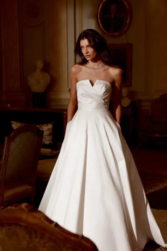Modern Mikado A-Line Gown with Strapless Notch Neckline and Pockets