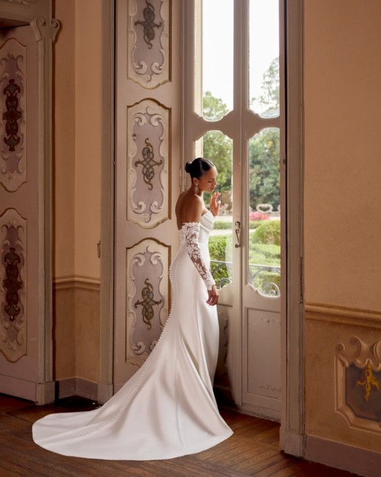 Stretch Mikado Fit and Flare Gown with Peek-A-Boo Neckline