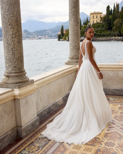 Beaded A-Line Gown with V-Neckline and Flowing Chiffon Skirt