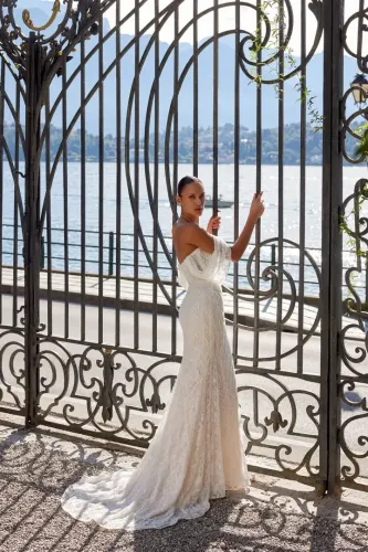 Strapless Allover Beaded and Chantilly Lace Fit and Flare Gown