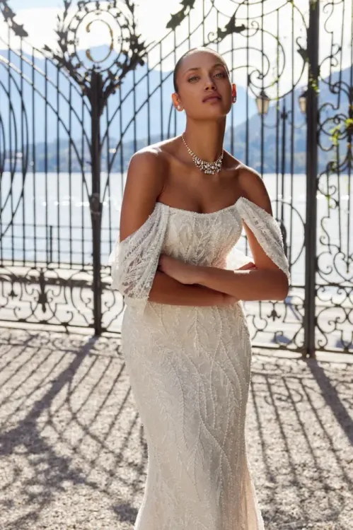 Strapless Allover Beaded and Chantilly Lace Fit and Flare Gown