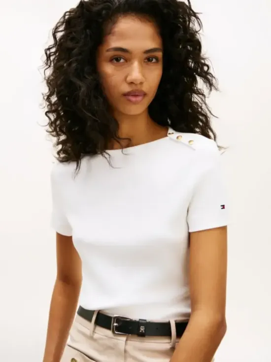 Slim T-Shirt Με Χρυσά Κουμπιά Και Boat Λαιμόκοψη 