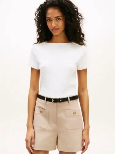 Slim T-Shirt Με Χρυσά Κουμπιά Και Boat Λαιμόκοψη 