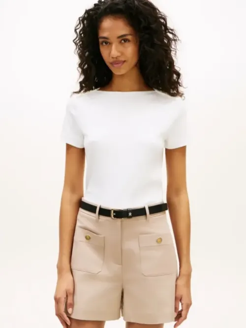 Slim T-Shirt Με Χρυσά Κουμπιά Και Boat Λαιμόκοψη 