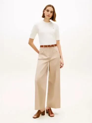 Crest Embossed Button Wide Leg Chinos 